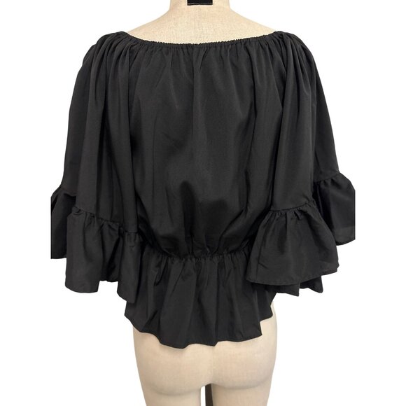 Black Off-Shoulder Peasant Blouse With Ruffled Sleeves Cute Fun Top - Picture 7 of 8